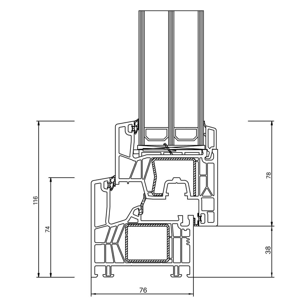 Plano del perfil Kömmerling Xtrem 76 MD
