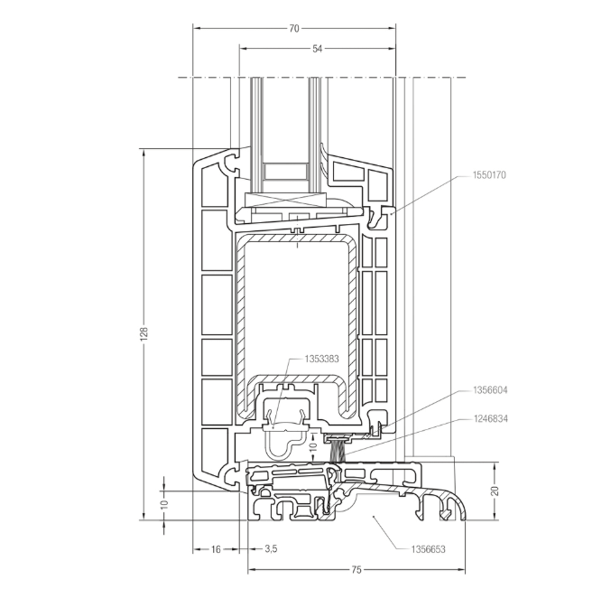 Plano del perfil Rehau Euro-Design 70. Vista B
